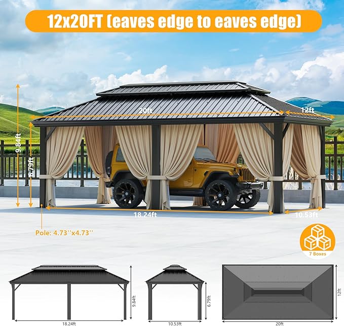 HOTEEL 12x20 Gazebo with Metal Roof Heavy Duty Hardtop Gazebo with Flame-Retardant Curtain & Netting, Hot Tub Gazebos with Galvanized Steel Double Roof, Outdoor Canopy for Patio, Party (2025 Upgraded)