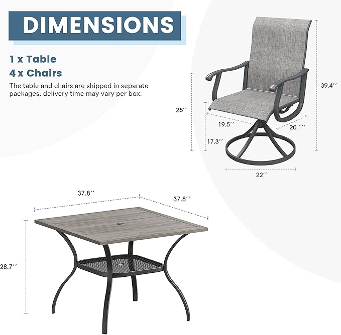DIFY 5 Pieces Outdoor Patio Dining Set for 4, 37.8" Grey Wood-Like Metal Square Dining Table and 4 Grey Textilene Patio Swivel Chairs, Outdoor Table and Chairs