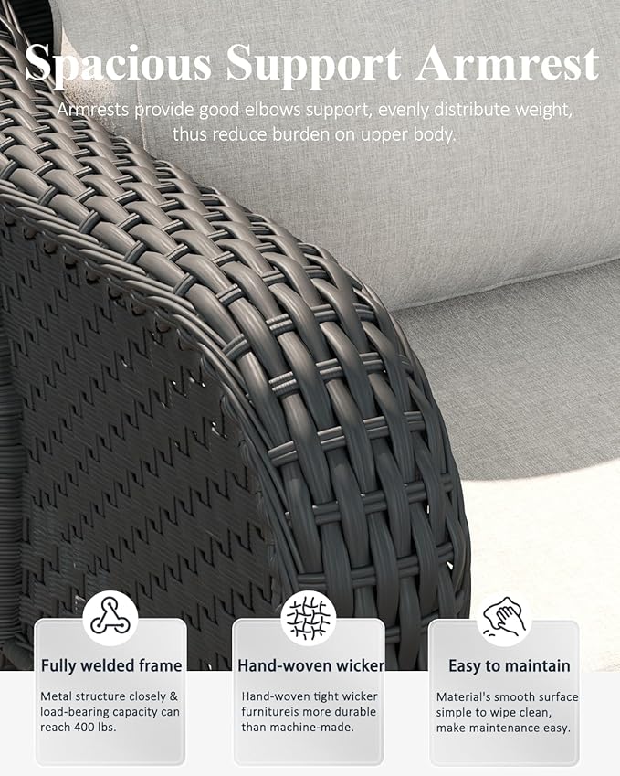 LayinSun 7 Piece Wicker Outdoor Furniture Set with 6-inch Comfy Cushions, High Back Patio Furniture Set with Swivel Rocking Chairs and Fire Pit Table