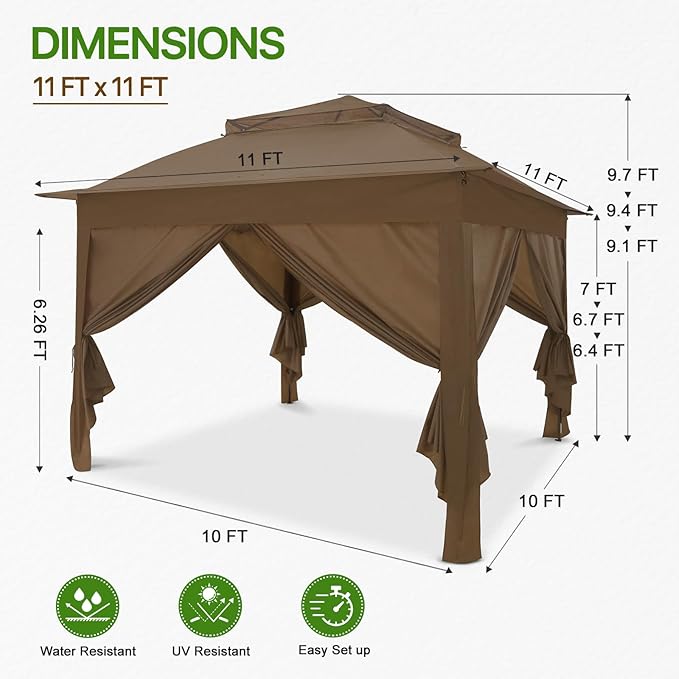 COOS BAY 11x11 Pop-up Instant Gazebo Tent with 4 Sidewalls Outdoor Canopy Shelter with Carry Bag, Stakes and Ropes, Brown