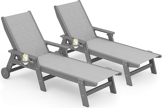 SERWALL Textilene Patio Chaise Lounge Chair Set of 2, 5 Positions Outdoor Lounge Chair with Rolling Wheels for Pool, Deck, Grey