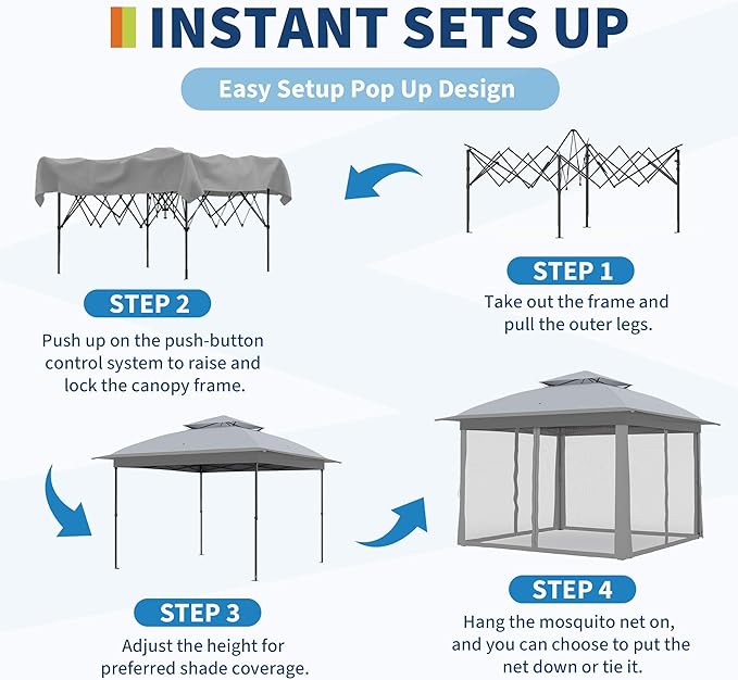 11x11 Pop Up Instant Gazebo Tent for Backyard, With Portable Carrying Bag, Outdoor Canopy Gazebos Waterproof With Mosquito Netting