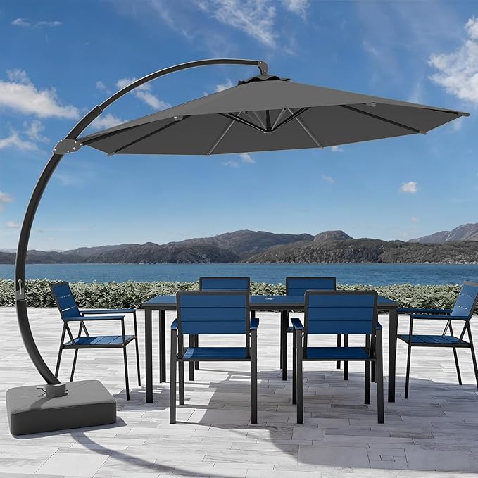 7-Piece Patio Dining Set with 11 FT Curvy Cantilever Umbrella, HDPE Tabletop & Aluminum Frame All-Weather Outdoor Furniture for Garden, Backyard, Poolside, Navy