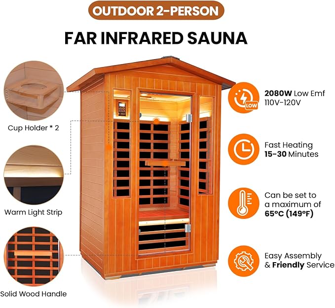 Outdoor Sauna 2 Person Sauna Infrared Saunas Dry Sauna Room 2080W/110V Low EMF Red Cedar and Canadian Fir Board Wood Sauna, Oxygen Bar, Speaker, LED Control Panel, Beauty Light - 48.8*38.2*81.9 IN