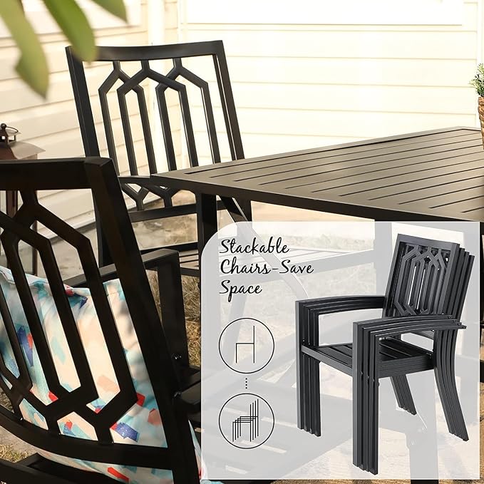 PHI VILLA 9 Pieces Outdoor Dining Set for 8, Rectangular Metal Steel Table with Umbrella Hole & Stackable Wrought Iron Chairs, Large Dining Furniture for Patio, Deck, Yard, Porch