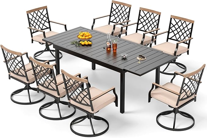 PHI VILLA 9 Pieces Outdoor Dining Set, Expandable Metal Table (64"-82") and 8 Swivel Dining Chairs – Perfect for Patio, Garden, Deck, Porch, and Yard, 9PCS Outdoor Dining Set Style 3