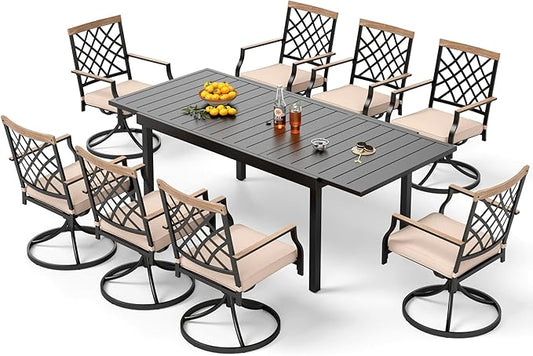 PHI VILLA 9 Pieces Outdoor Dining Set, Expandable Metal Table (64"-82") and 8 Swivel Dining Chairs – Perfect for Patio, Garden, Deck, Porch, and Yard, 9PCS Outdoor Dining Set Style 3