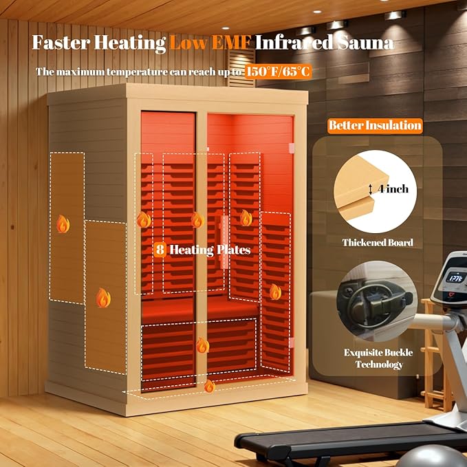 Far Infrared Wooden Sauna Low EMF- 2 Person Personal Sauna for Home Use, Full Spectrum Infrared Sauna, Dual Tempered Glass & Bluetooth Speakers - Indoor Sauna 2000W, Brown
