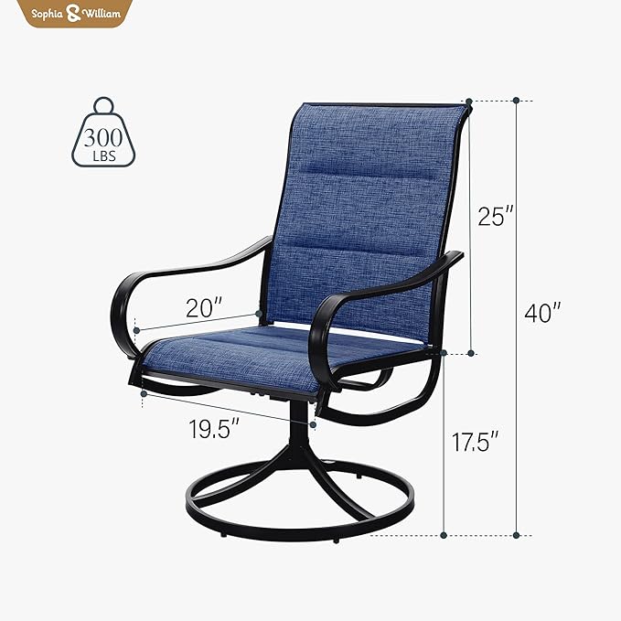Sophia & William Outdoor Patio Chairs Set of 6, Swivel Patio Chair with Padded Textilene and Black Metal Frame, Good for Lawn Yard Garden All Weather (Blue)