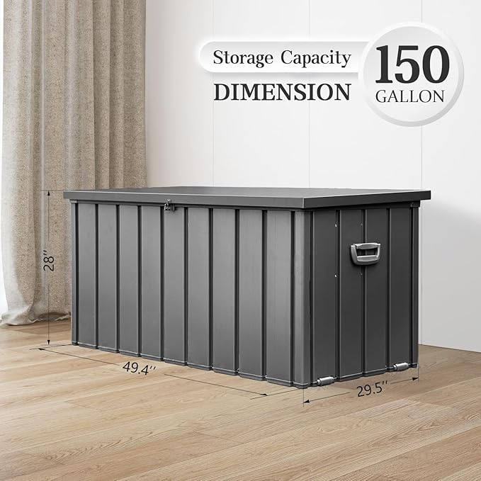 Domi 150-Gallon Outdoor Storage Box – Waterproof, Lockable Storage Cabinet for Patio Furniture, Garden Tools & Pool Supplies – Large Metal Storage for Cushions, Toys & More