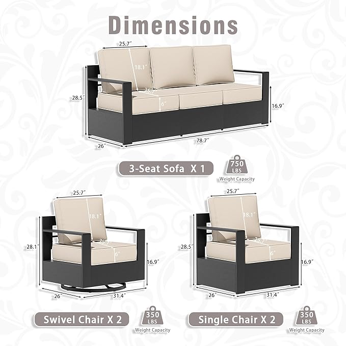 5 PCS Aluminum Patio Conversation Set - 3-Seater Sofa, 2 360° Swivel Chair, 2 Fixed Chair with 6" Thick Water-insistant Cushions, All-Weather Use Removable Cover, Ideal for Garden, Poolside (Beige)