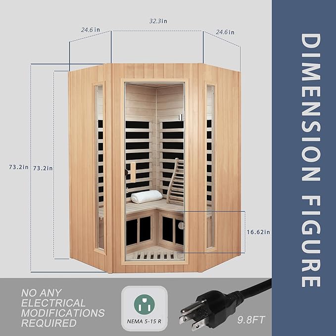2-3 Person Infrared Sauna, Far Infrared Saunas for Home Low EMF Indoor Home Sauna Spa, Hemlock Wooden Corner Sauna Room,1670Watt, Bluetooth Speakers, Reading Lamps