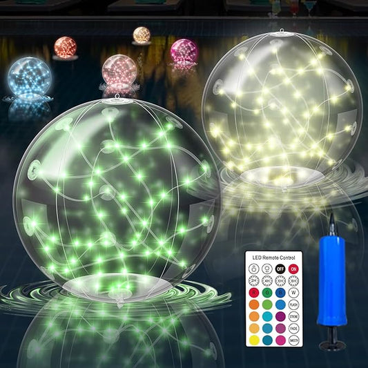 2 Pack Solar Floating Pool Lights, 14 Inch RGB Inflatable LED Pool Balls with Remote, IP68 Waterproof Color Changing Pool Lights That Float for Swimming Pool Party Yard Outdoor Night Decor