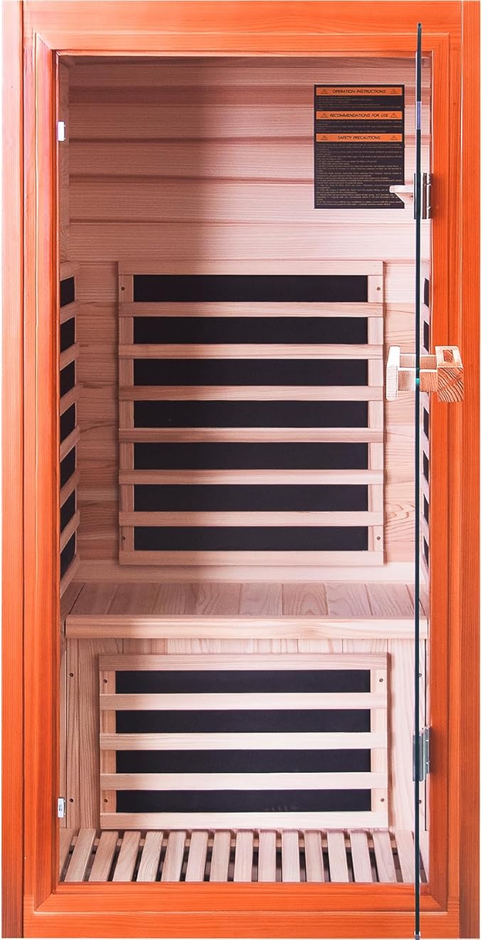 Sauna, Far Infrared Saunas for Home 1 Person Wooden Sauna 1065W/120V Low Emf Dry Sauna Indoor Sauna Room Douglas Fir with Tempered Glass Door/Speakers/Air Hole and Colorful Lighting - 31.5*31.5*63 in
