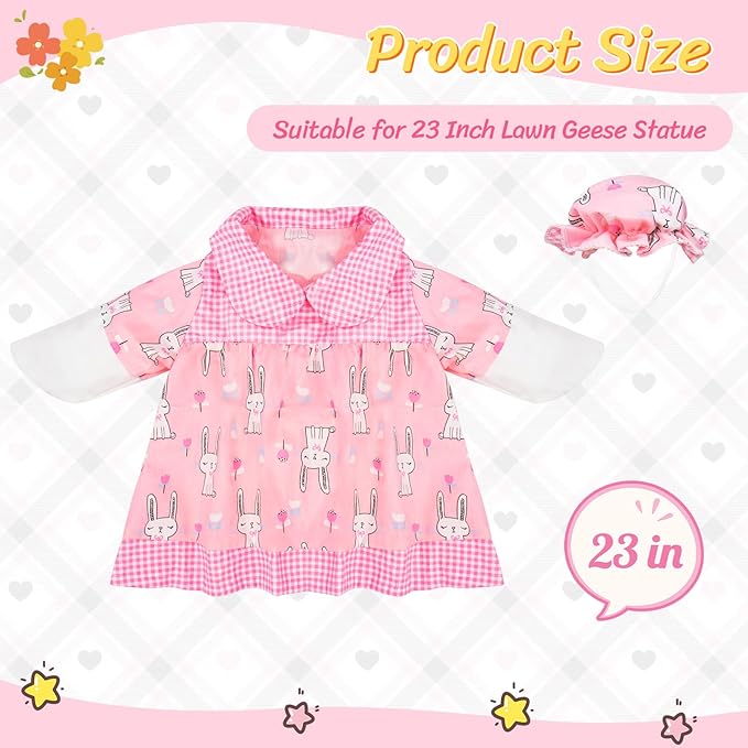 Porch Goose Outfits Cute Pink Rabbit Print, Porch Statue Goose Clothes with Hat for 23" Cement/Plastic Lawn Geese Statue Outdoor Patio Yard Lawn Art Decor Garden