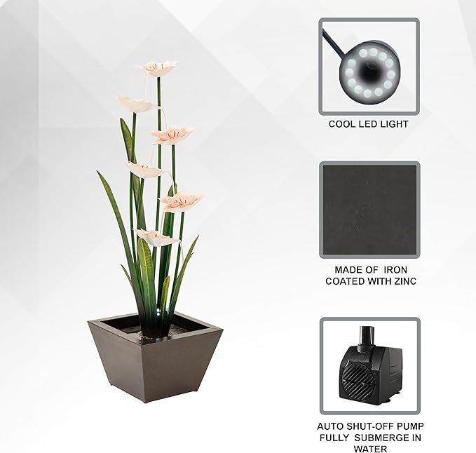 XBrand Metal Sculptural Multi-Tiered Flower Water Fountain, w/LED Lights, Multicolored, 39" Tall