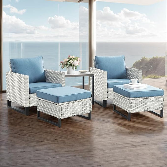 Wicker Outdoor Patio Furniture Set - 5 Piece Patio Conversation Set with 2 Wicker Armrest Chairs,2 Rattan Ottoman and 1 Metal Side Table for Outside Porch Deck Backyard Garden(Light Grey/Sky Blue)