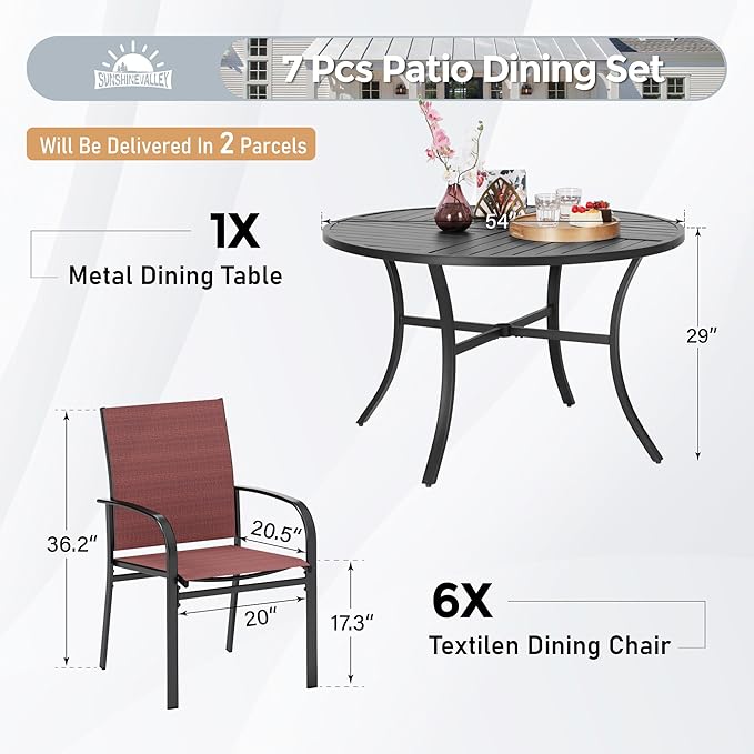 7 Piece Outdoor Dining Set for 6, 54" Round Metal Table with Umbrella Hole, 6 Red Dining Chairs, Patio Table and Chairs Set for Backyard Lawn