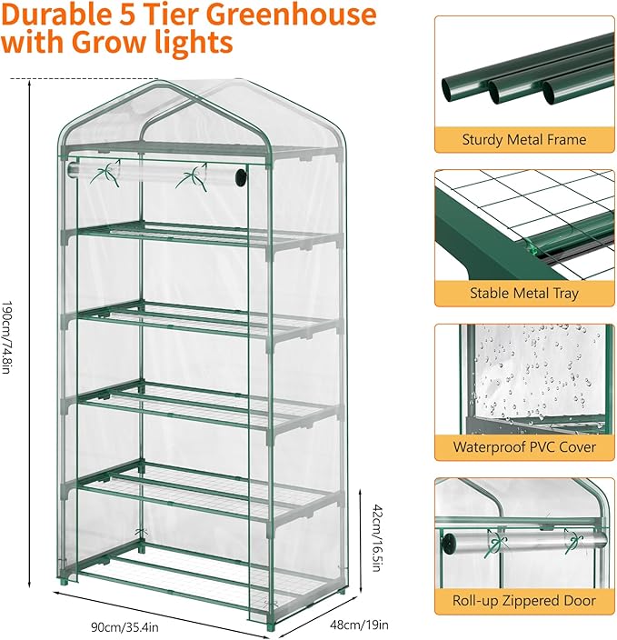 Indoor Greenhouse with Grow Light, 5-Tier Mini Greenhouse 35.4"x19"x74.8" Small Greenhouse with Zippered PVC Cover for Seed Starting Trays, Dimmable Plant Light for Indoor Plants with Timer