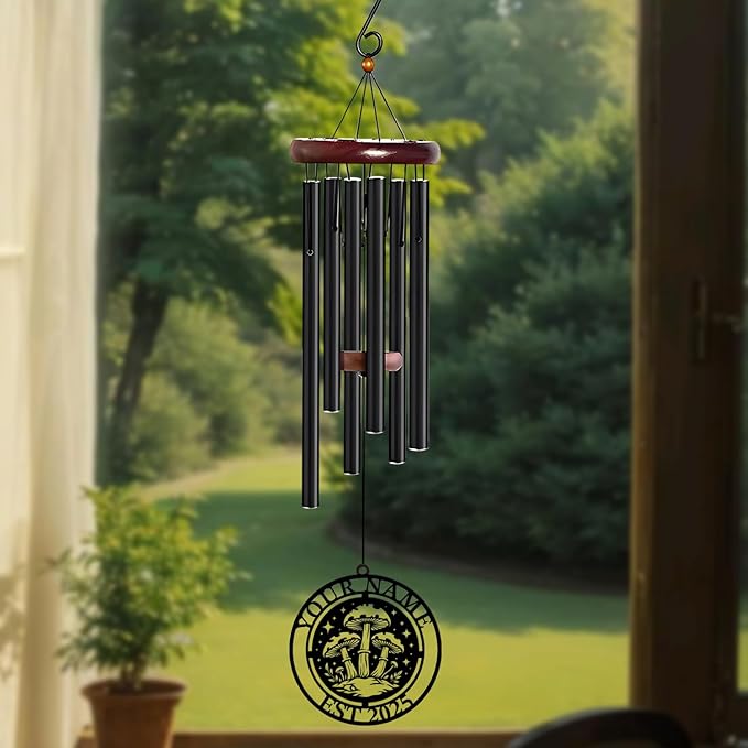 Personalized Customize Name Fantasy Mushroom Wonderland Wind Chime, Metal Iron 37 Inch Outdoor Memorial Gift for Garden Yard Patio Home Decor, Black (Style G)