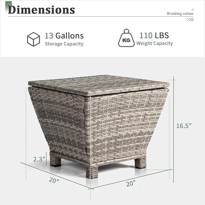 Outvita Outdoor Side Table, Rattan Coffee Table with Storage 13 Gallon Patio Small Deck Storage Box for Cushion Towel Books, Brown Side Table with lid