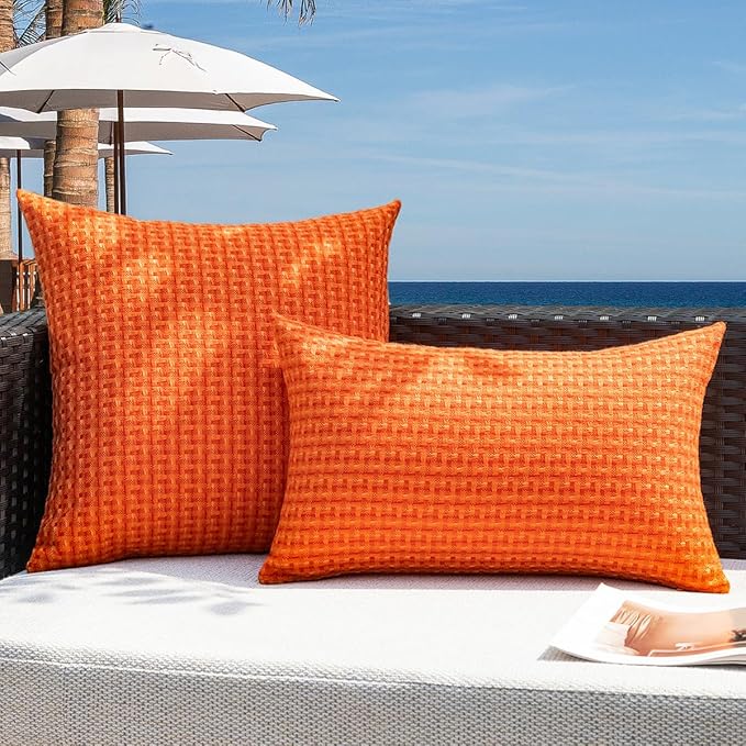 Kevin Textile Fall Outdoor Waterproof Throw Pillow Covers Pack of 2 Weaving Texture Water Resistant Outside Decorative Cushion Covers for Garden Patio Tent Balcony Bench Couch Sofa 16x16 Inch, Orange