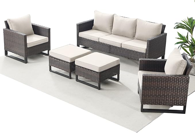 Rilyson Wicker Outdoor Patio Furniture Set - 5 Piece Patio Conversation Set with 2 Wicker Armrest Chairs,2 Rattan Ottoman and 1 Couch for Outside Porch Deck Backyard Garden(Brown/Beige)
