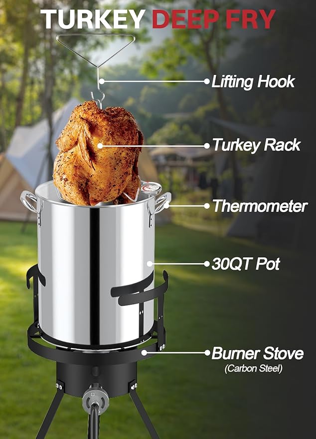 30QT Outdoor Turkey Fryer Set | Stainless Steel | Cover & Basket Included | 50,000BTU Propane Gas Burner | Seafood Boil Pot | Perfect Outdoor Cooker for Turkey, Crawfish, Crab, Shrimp & Lobster