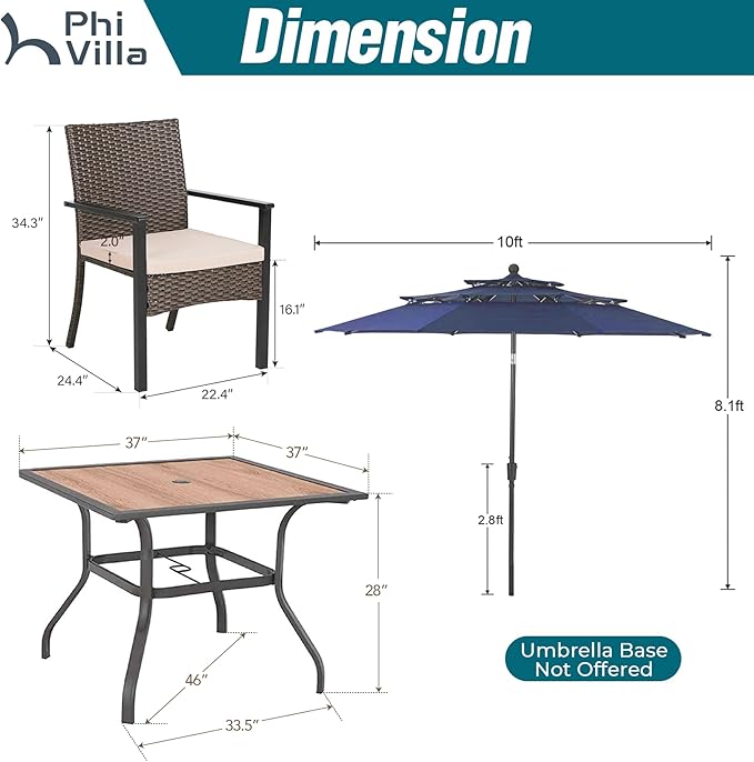 PHI VILLA 5 Pieces Outdoor Dining Set with Umbrella for 4, 37" Square Metal Polywood Table & Cushioned Wicker Rattan Chairs & 10ft Red Umbrella Furniture for Patio, Deck, Yard, Porch