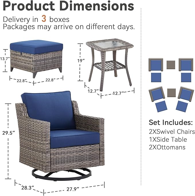Patio Bistro Set, 5 Piece Wicker Patio Furniture Set with Swivel Rocking Chairs, Side Table, Rattan Ottomans and Comfy Cushions, Patio Conversation Sets for Garden Porch Deck Backyard