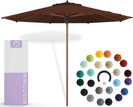 Midtown Umbrellas The Wooden 10 Feet Patio Umbrella With Sunbrella Bay Brown Acrylic Fabric - Aluminum Frame Market Umbrella For Backyard, Deck, Garden, Pool - Wooden Pole