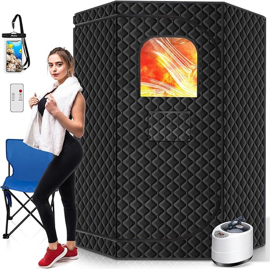 Portable Steam Sauna for Home, Portable Sauna Box Full Body for Home with 9 Adjustable Heat Levels, Steam Sauna with 3L 1500W Steamer, Folding Chair, 99 Minute Timer