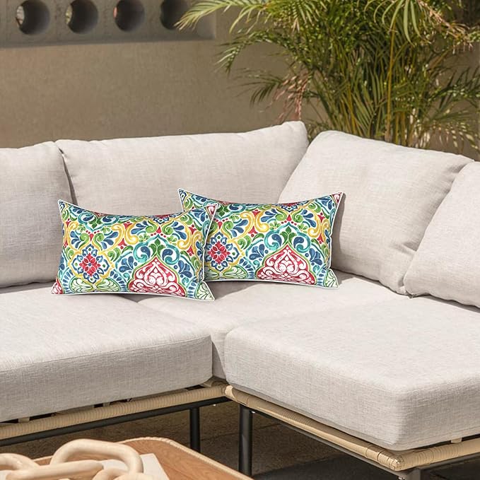 LVTXIII Set of 2 Outdoor Lumbar Pillows for Patio Furniture with White Piping, 12"x20" Fade Resistant Patio Lumbar Pillows with Inserts for Home Coach Sofa Use, Damask Red