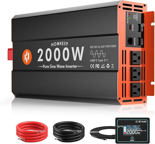 2000W Pure Sine Wave Power Inverter 12V DC to 110V AC Converter Peak Power 4000W for RV Truck Off-Grid Solar Car Inverter with 3 AC Outlets, 2 USB & 1 Type-C Ports, Cables Included, Remote Controller