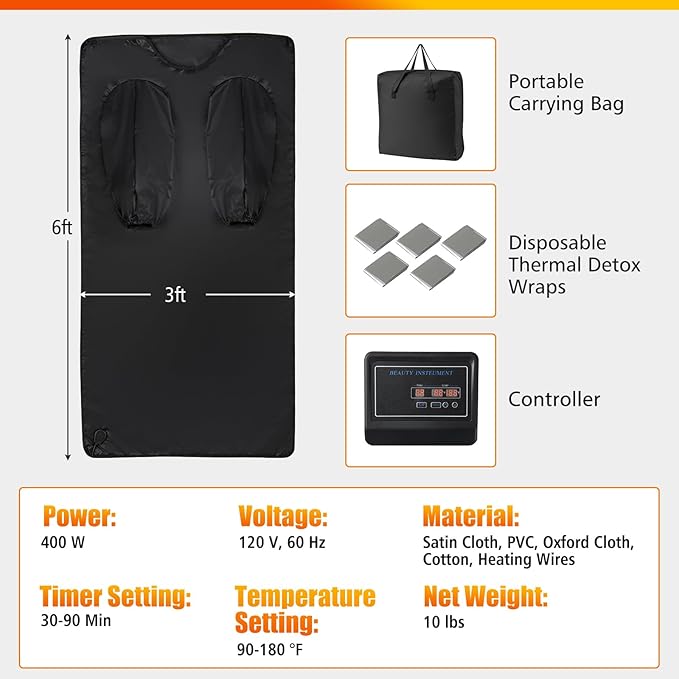 COSTWAY Infrared Sauna Blanket, Portable Full-Body Personal Sauna for Home Use w/Arm Sleeves, Wraps, Carry Bag, 90-180°F Temp Range, 30-90Min Timer, Relaxation & Detoxification, Muscle Tension Relief