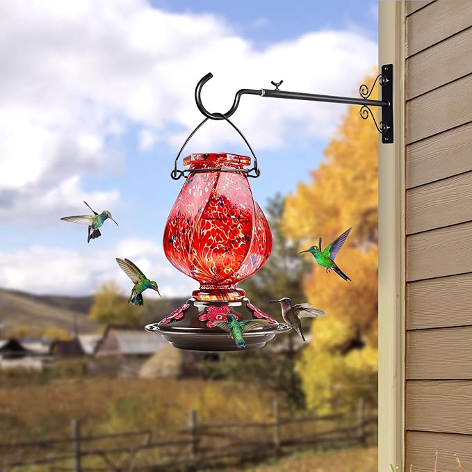 BOLITE Hummingbird Feeder, Hand Blown Glass Hummingbird Feeders for Outdoors Hanging, with Ant Moat and 5 Feeding Ports, 22 Ounces, Red, Birthday Gifts for Women Men, Gifts for Mom Dad