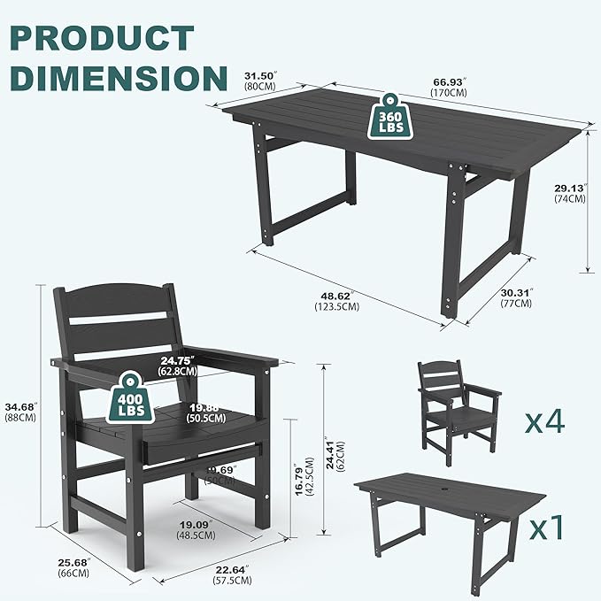 5-Piece HIPS Patio Dining Set, Outdoor Dining Table and Chairs Set with Umbrella Hole, Weatherproof Dining Table Set for 4 Person, Patio Furniture Set for Outside Deck, Black