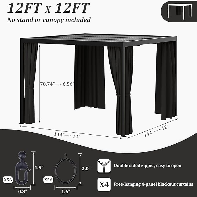 Gazebo Universal Replacement Privacy Curtain,12'×12' Gazebo Outdoor Waterproof Curtains, 4-Panels Sidewall Curtains with Double Zipper for Patio Canopy, Garden and Backyard (Curtain Only)