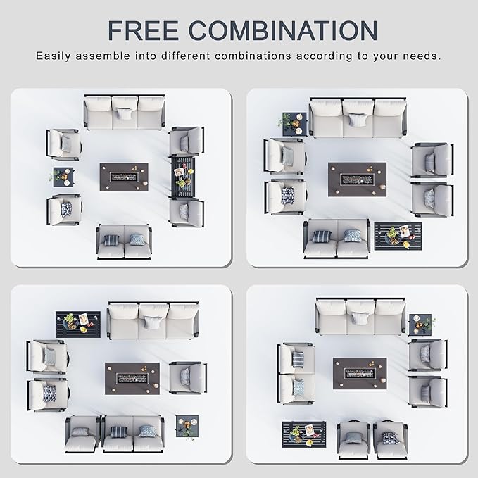 9 Pieces Outdoor Patio Conversation Sets with All Weather Cushions, Metal 3-Seater, 2 Swivel Rockers, 2 Single Chairs, 1 Loveseat, 1 Side Tables, 1 Coffee Table, 1 Fire Pit Table, Beige