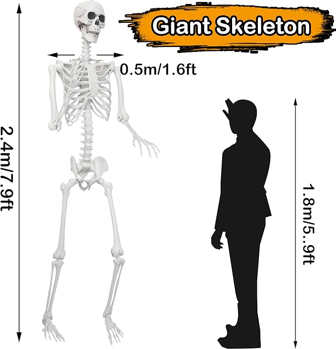 7.9ft/240cm Giant Skeleton Halloween Skeleton Life Size Skeleton Posable Skeleton Full Body Realistic Bones with Movable Joints for Halloween Outdoor Indoor Decorations