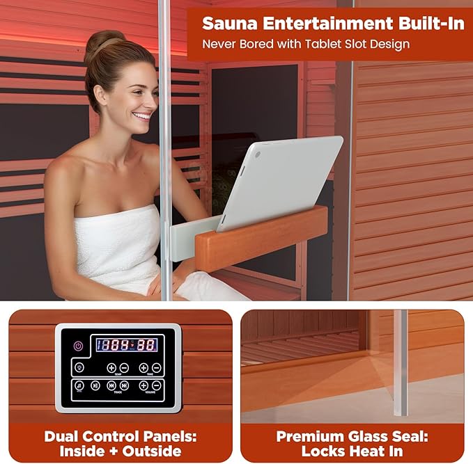 OnxyEdge 2-Person Full Spectrum Sauna with 6.5 * 6.5" Red Light Therapy & 2 Built-in Speakers, Indoor Dry Sauna 1990W/120V with Dual LED Controls for Home & Gym – Canadian Hemlock Spa Room (Wood)