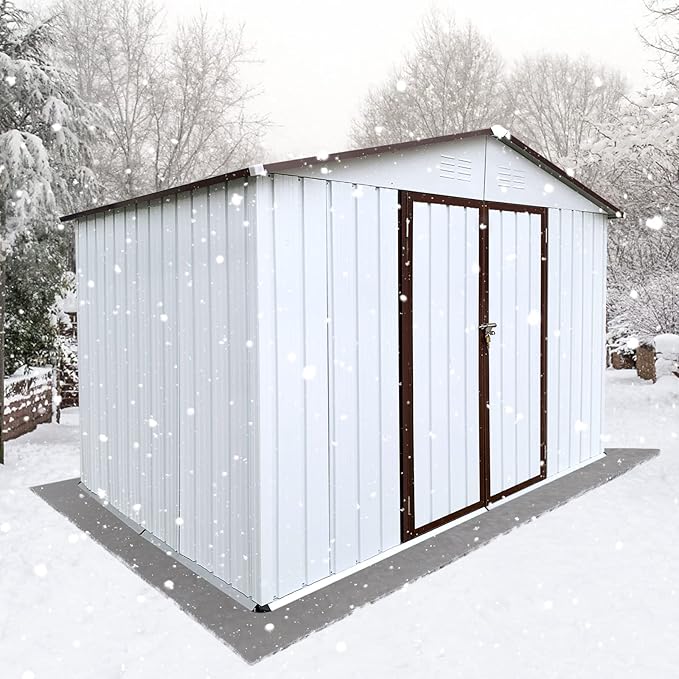 10 x8 FT Metal Outdoor Storage Shed & Double Hinged Large Door - Heavy-Duty Shed with Floor, Lockable & Ventilation - Rainproof Windproof Large Utility Garden Shed for Backyard Patio Lawn - Brown