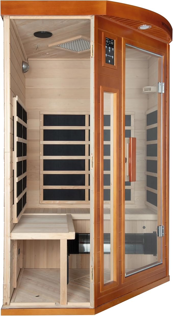 Woodbridge Infrared Sauna Room 2 Person Hemlock Wood Indoor Corner Sauna with 7 Carbon Heaters, Red Light Therapy,Bluetooth Speaker,Intelligent Dual Control System,Tempered Glass,Exterior Brim Light