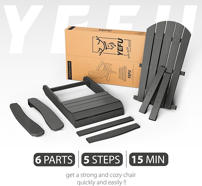 YEFU Adirondack Chair Plastic Weather Resistant, Patio Chairs 5 Steps Easy Installation, Looks Exactly Like Real Wood, Widely Used in Outdoor, Fire Pit, Outside, Garden, Campfire Chairs (Dark Grey)