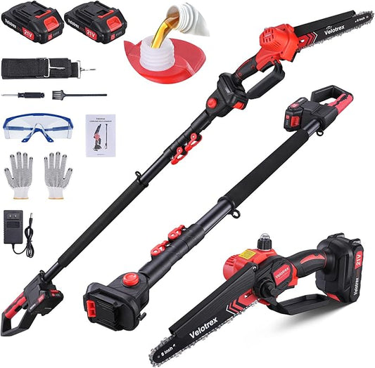 2-IN-1 Cordless Pole Saw and Mini Chainsaw, 8 Inch Brushless Electric Pole Saws for Tree Trimming, Auto Oiling,15ft Max Extension Pole Chainsaw with 2 * 2000mAh Batteries for Branch Cutting