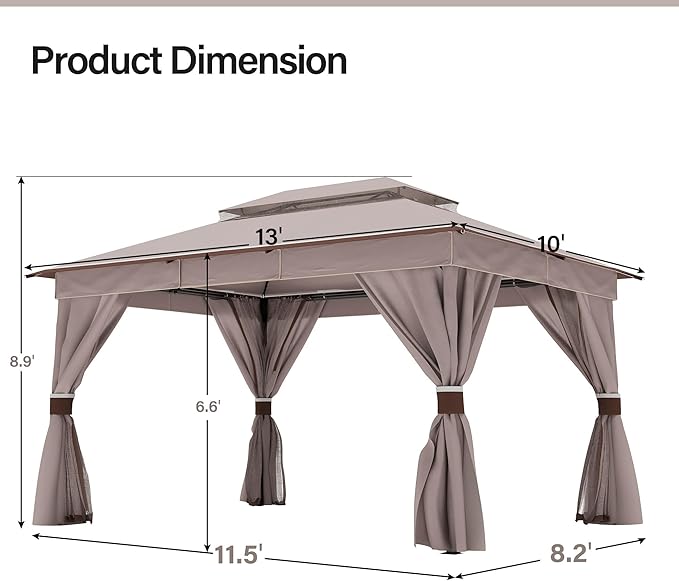 LAUSAINT HOME Outdoor Patio Gazebo 10'x13' with Expansion Bolts, Heavy Duty Party Tent & Shelter with Double Roofs, Mosquito Nettings and Privacy Screens for Backyard, Garden, Lawn