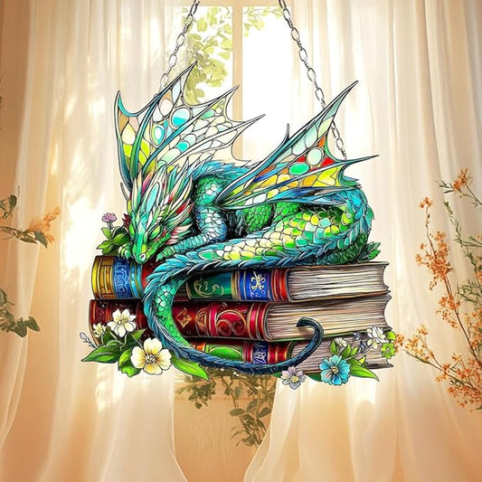 Dragon Books Bookish Acrylic Suncatcher Stained Glass Effect Window Car Hanging Christmas Ornament Indoor Outdoor Decor Garden Bookworm Sun Catcher Book Lover for Women Mom Grandma