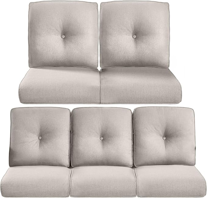 Pop 22x25/22x24 Outdoor Cushions for Patio 5 Piece Set - Set of 5 Water-Resistant Replacement Cushion for Wicker Dining Rocking Swivel Chairs Loveseat Couch Sectional Sofa - Beige/Button