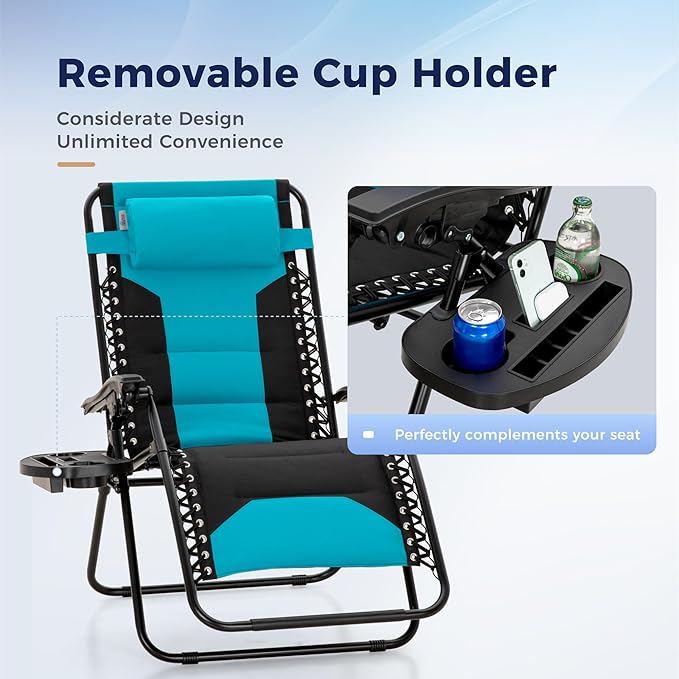 MAISON ARTS Oversized Padded Zero Gravity Chairs Set of 2, Folding Patio Lounge Chair, 28" Wide Seat Anti Gravity Recliners for Outdoor Lawn Camping Poolside Yard, Support 400lbs, Aqua