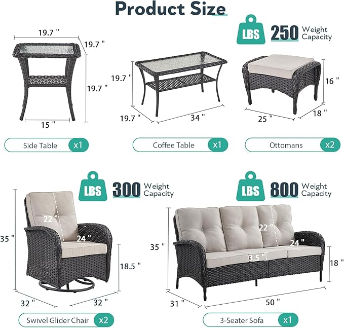 7 Piece Patio Furniture Set - Wicker Patio Conversation Set with Swivel Glider, 3 Seat Sofa, 2 Ottomans, Glass Side Table and Coffee Table for Deck Backyard - Black Wicker Beige Cushion